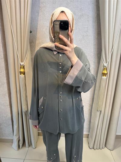 Tığ Triko 5126 Çıtçıtlı Tunik Pantolon Takım Yeşil