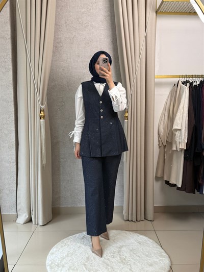 Tığ Triko 5129 Glitter Baskılı Yelek Pantolon Denim Lacivert