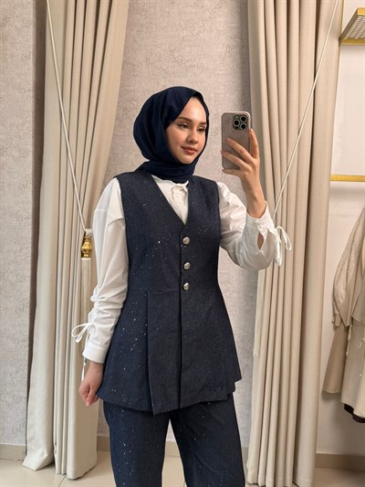 Tığ Triko 5129 Glitter Baskılı Yelek Pantolon Denim Lacivert