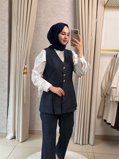 Tığ Triko 5129 Glitter Baskılı Yelek Pantolon Denim Lacivert