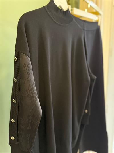 Tığ Triko Kolları Kumaş Garnili Tunik Pantolon Takım 21981 Siyah