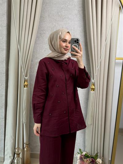 Wennora 1022 İşlemeli Keten Takım Bordo
