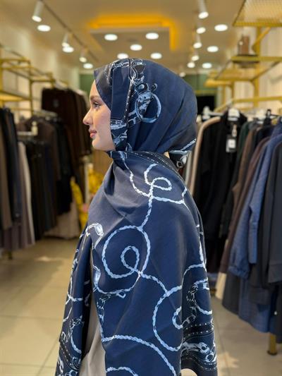 Wennora Lustre Etoile Zincir Desen Yün İpek Şal Koyu Lacivert
