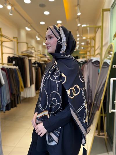 Wennora Lustre Etoile Zincir Desen Yün İpek Şal Siyah
