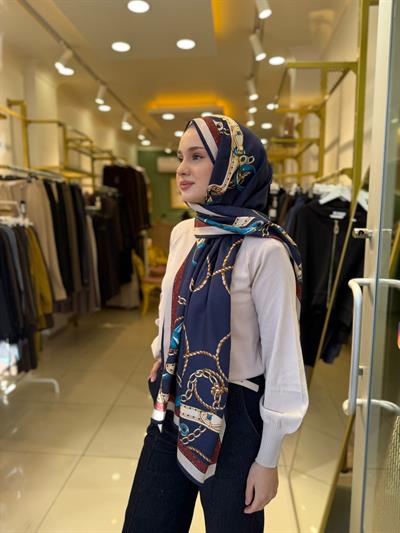 Wennora Lustre Etoile Zincir Desen Yün İpek Şal Lacivert