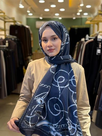 Wennora Lustre Etoile Zincir Desen Yün İpek Şal Koyu Lacivert