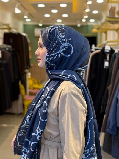 Wennora Lustre Etoile Zincir Desen Yün İpek Şal Koyu Lacivert