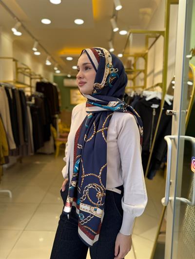 Wennora Lustre Etoile Zincir Desen Yün İpek Şal Lacivert
