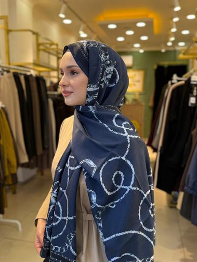 Wennora Lustre Etoile Zincir Desen Yün İpek Şal Koyu Lacivert