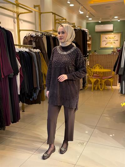Sentez Sofia Karsajlı Apoletli Pantolon 5568 Kahverengi