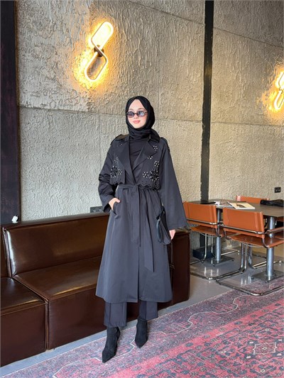 SBL 12068 Fisto Detaylı Taş İşlemeli Trench Siyah