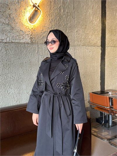 SBL 12068 Fisto Detaylı Taş İşlemeli Trench Siyah