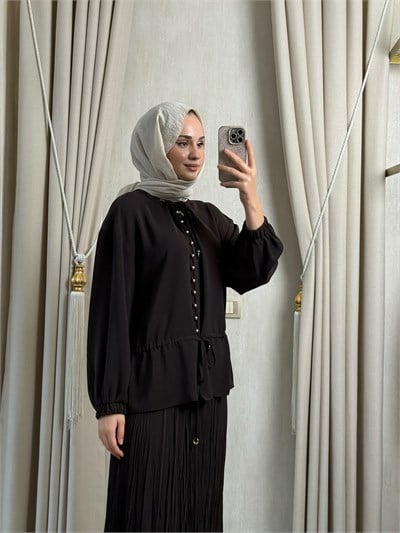 Ghisa 4479 Yaka Ve Bel Büzgü Detay Tunik Kahverengi