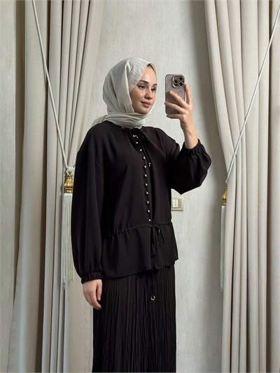 Ghisa 4479 Yaka Ve Bel Büzgü Detay Tunik Kahverengi