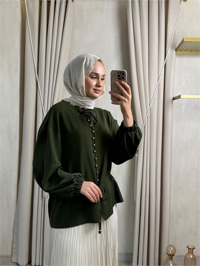 Ghisa 4479 Yaka Ve Bel Büzgü Detay Tunik Haki