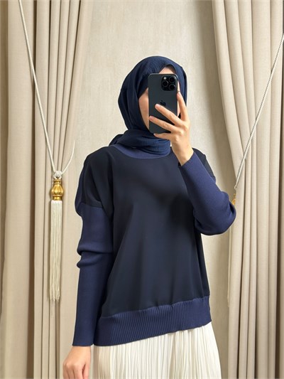 GHİSA 4907 Yaka ve Kol Triko Detay Tunik Lacivert