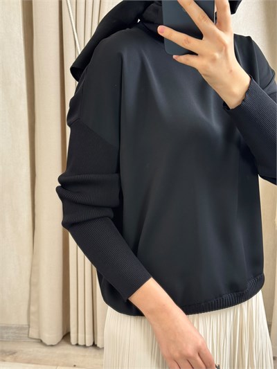 GHİSA 4907 Yaka ve Kol Triko DetayTunik Siyah