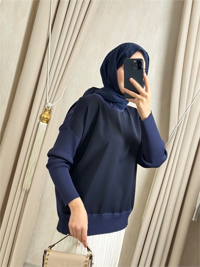 GHİSA 4907 Yaka ve Kol Triko Detay Tunik Lacivert