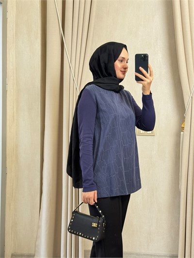 NUSS 3041 Yanı Fermuarlı Kupra Detay Merserize Tunik Lacivert