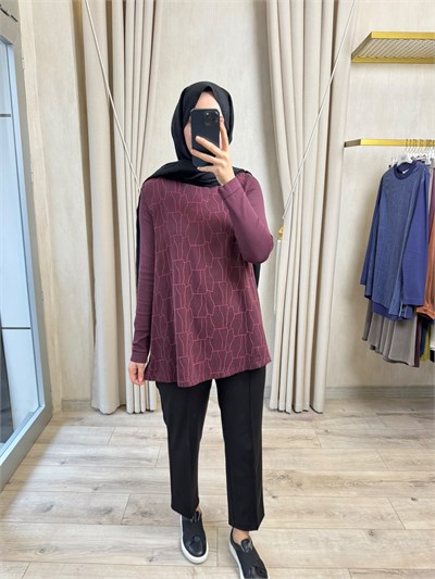 NUSS 3041 Yanı Fermuarlı Kupra Detay Merserize Tunik Bordo