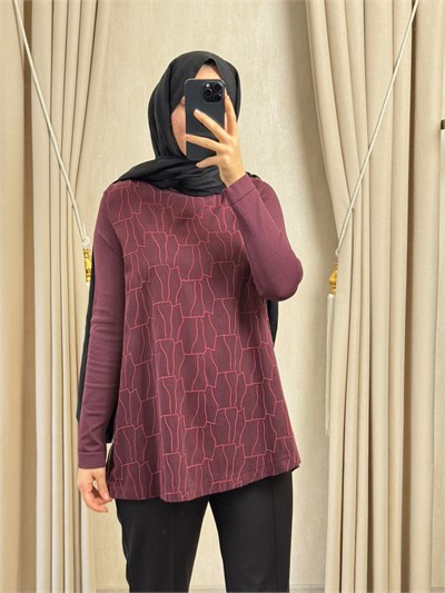 NUSS 3041 Yanı Fermuarlı Kupra Detay Merserize Tunik Bordo