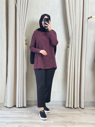 NUSS 3041 Yanı Fermuarlı Kupra Detay Merserize Tunik Bordo