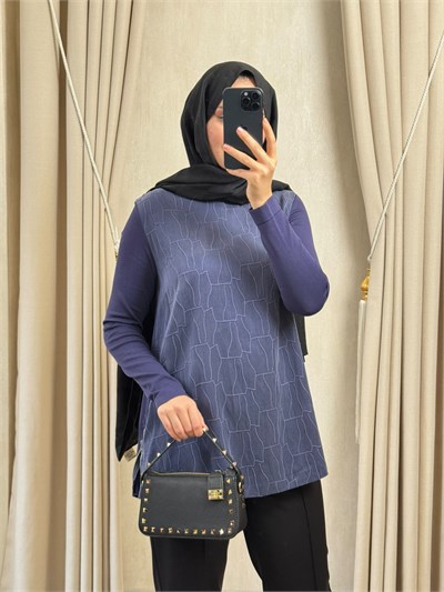 NUSS 3041 Yanı Fermuarlı Kupra Detay Merserize Tunik Lacivert