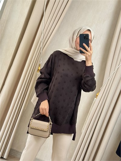 NUSS 3043 İpek Kupra Vegan Tunik Kahverengi