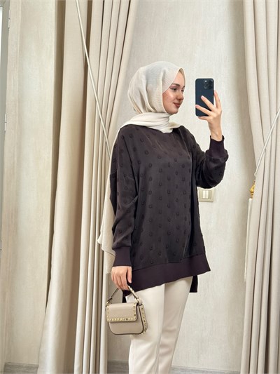 NUSS 3043 İpek Kupra Vegan Tunik Kahverengi
