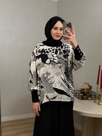 Tığ Triko 3060 Manşetleri Düğmeli Triko Ribanalı Tunik Siyah