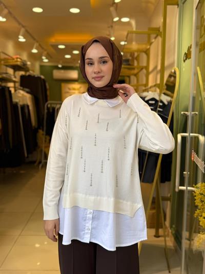 Tığ Triko Boncuk İşlemeli Gömlek Yaka Tunik 21704 Ekru