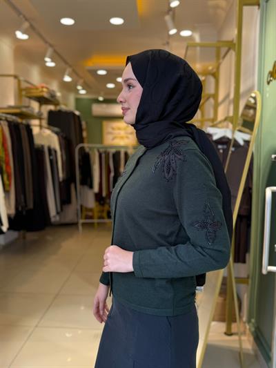Tığ Triko Çiçek Aplikeli Triko Hırka 21746 Yeşil