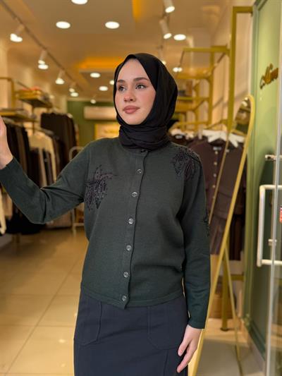 Tığ Triko Çiçek Aplikeli Triko Hırka 21746 Yeşil