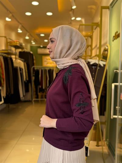 Tığ Triko Çiçek Aplikeli Triko Hırka 21746 Bordo