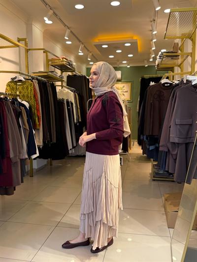 Tığ Triko Çiçek Aplikeli Triko Hırka 21746 Bordo