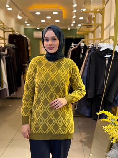 Tığ Triko Desenli Sıfır Yaka Tunik 21614 Asit Yeşili
