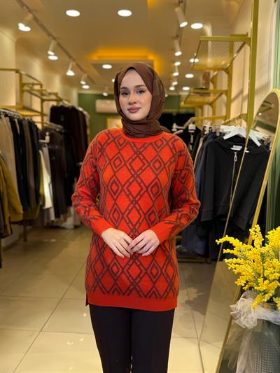 Tığ Triko Desenli Sıfır Yaka Tunik 21614 Turuncu