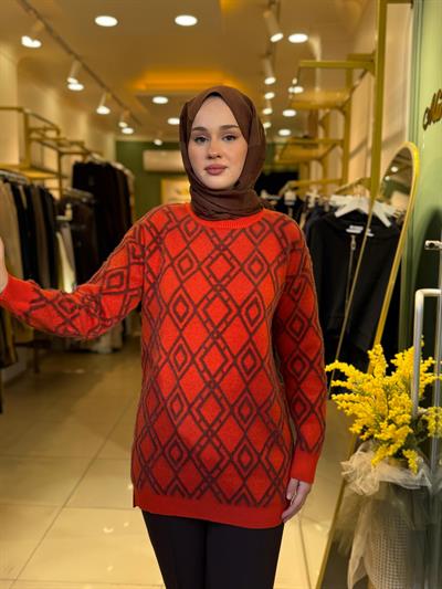 Tığ Triko Desenli Sıfır Yaka Tunik 21614 Turuncu