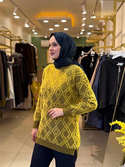 Tığ Triko Desenli Sıfır Yaka Tunik 21614 Asit Yeşili