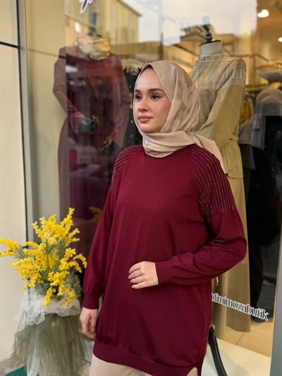 Tığ Triko Omuzlar Taş Baskılı Rayon Tunik 21723 Bordo