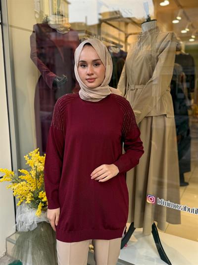 Tığ Triko Omuzlar Taş Baskılı Rayon Tunik 21723 Bordo