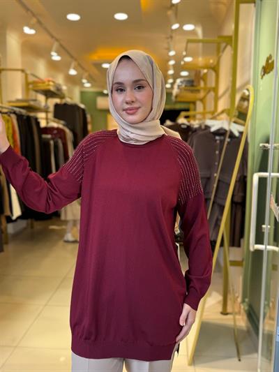 Tığ Triko Omuzlar Taş Baskılı Rayon Tunik 21723 Bordo
