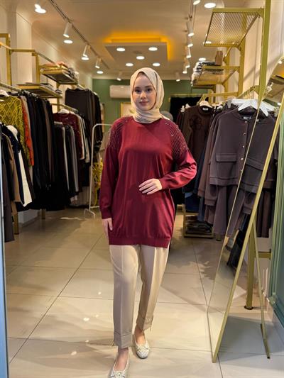 Tığ Triko Omuzlar Taş Baskılı Rayon Tunik 21723 Bordo