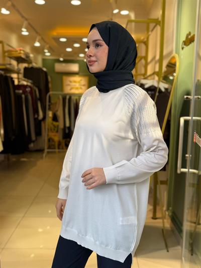 Tığ Triko Omuzlar Taş Baskılı Rayon Tunik 21723 Ekru