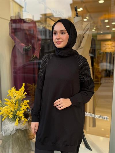 Tığ Triko Omuzlar Taş Baskılı Rayon Tunik 21723 Siyah