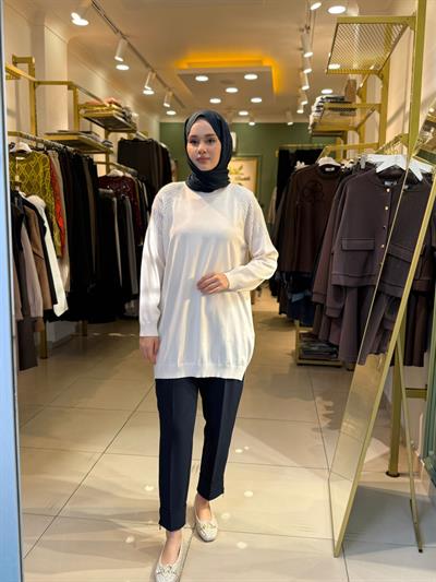Tığ Triko Omuzlar Taş Baskılı Rayon Tunik 21723 Ekru