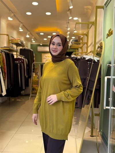 Tığ Triko Omuzlar Taş Baskılı Rayon Tunik 21723 Asit Yeşili