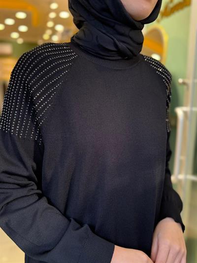Tığ Triko Omuzlar Taş Baskılı Rayon Tunik 21723 Siyah