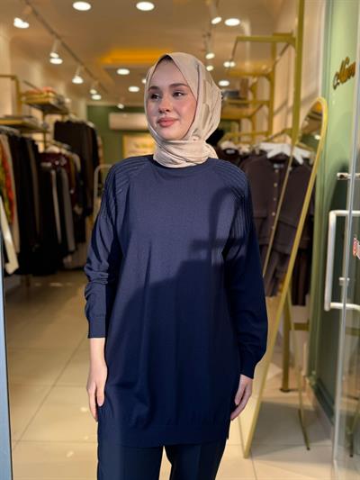 Tığ Triko Omuzlar Taş Baskılı Rayon Tunik 21723 Lacivert