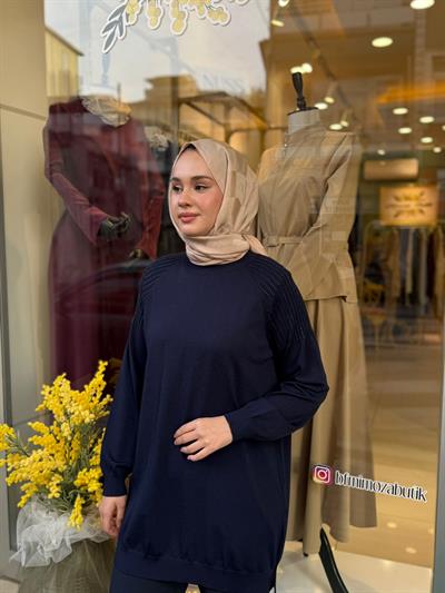 Tığ Triko Omuzlar Taş Baskılı Rayon Tunik 21723 Lacivert